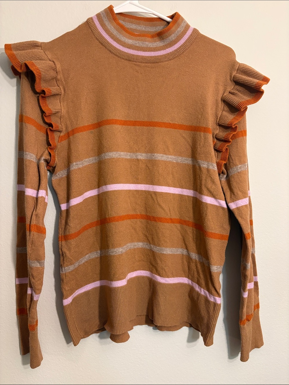 THML Tan Striped Ruffle-Shoulder Sweater